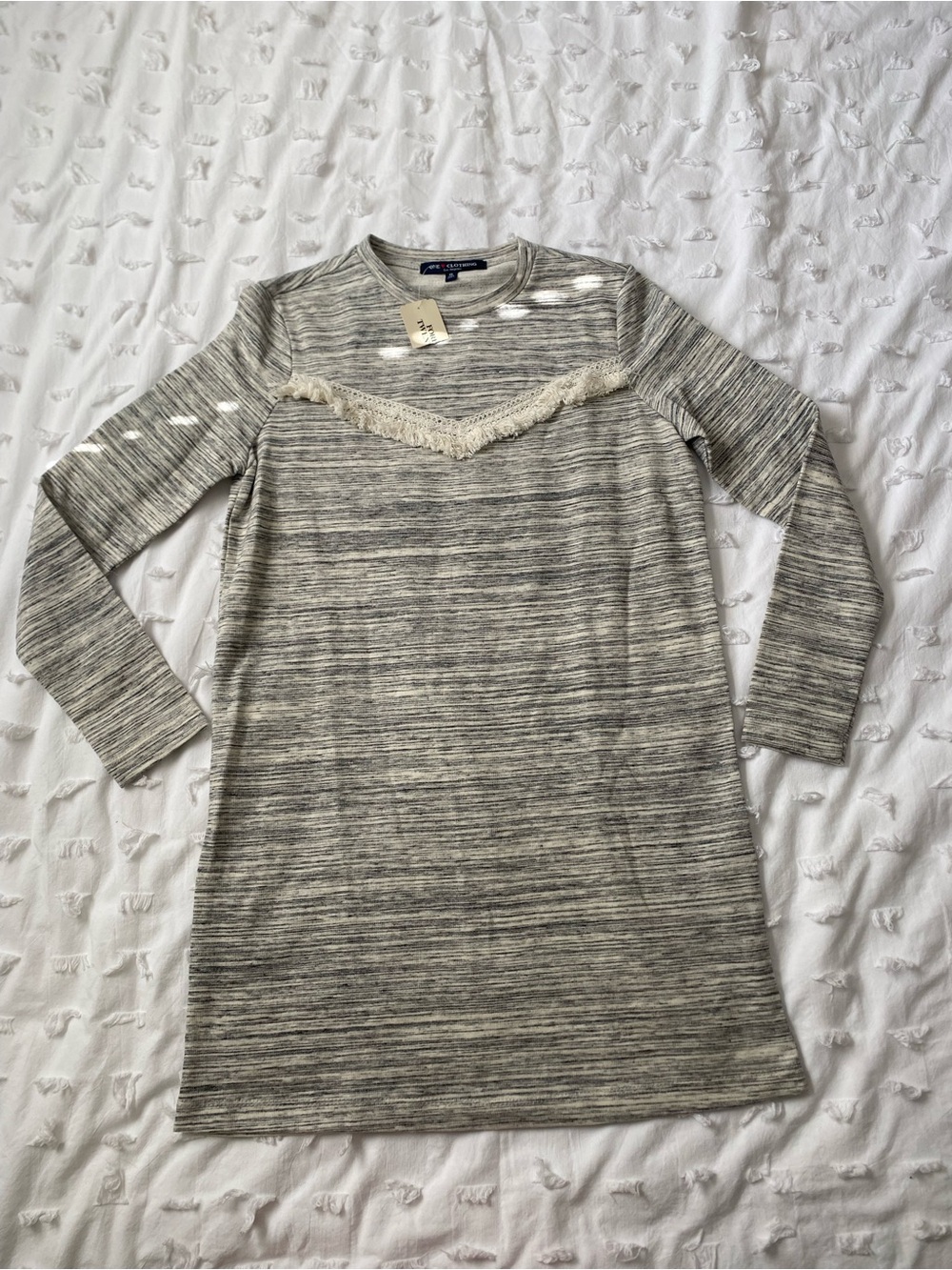 one clothing Heather Gray Fringe-Trim Long Sleeve Dress